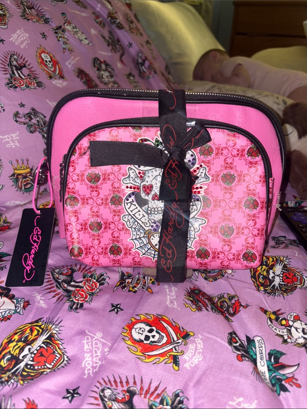 Ed Hardy Pink Logo Ribbon Cosmetic Pouch